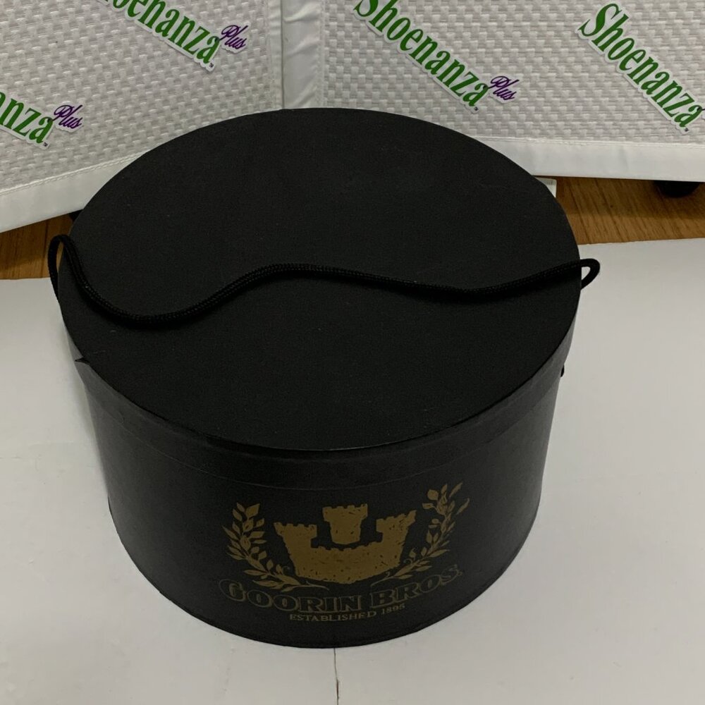 Vintage Goorin Bros Cardboard Hat Box Strap Storage Container Black Gold Logo - Picture 3 of 14